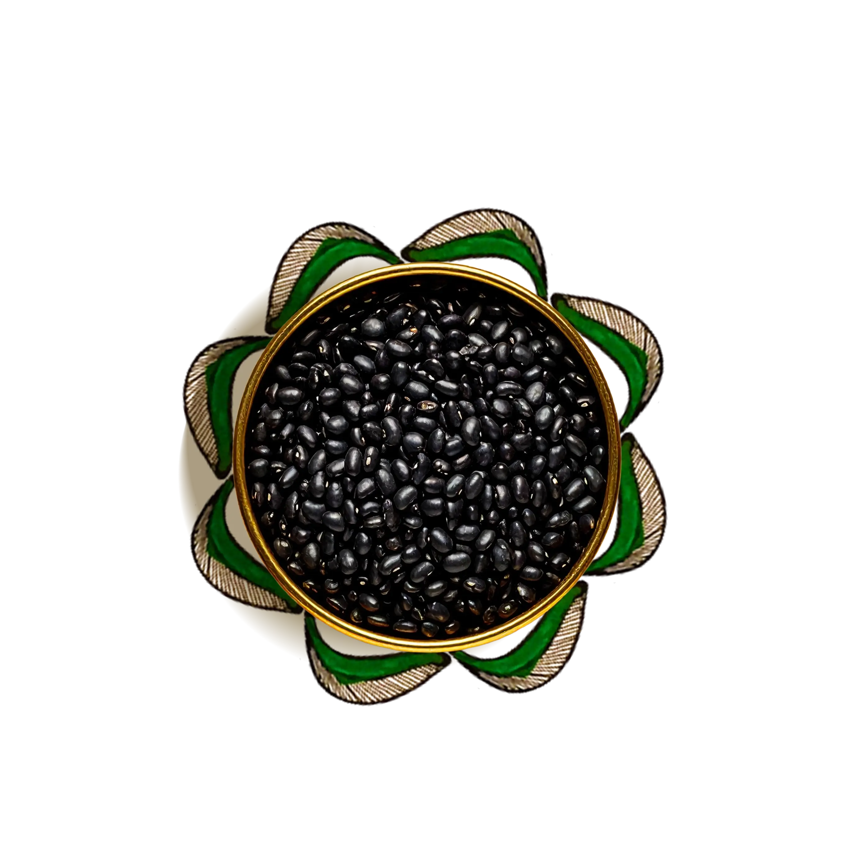 A bowl of black grams surrounded by floral artworks