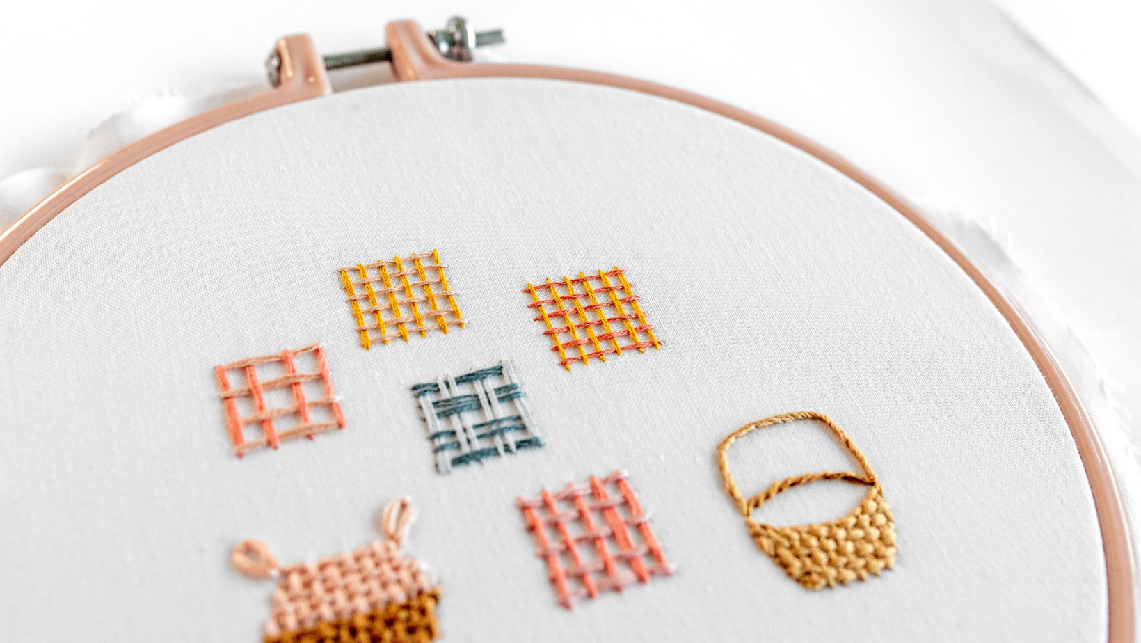 Various shapes filled with weave stitch, showing threads woven over and under in a basket pattern.