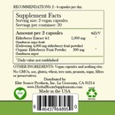 photo of the back of the label for herbal roots black elderberry showing the nutritional facts. Directions, take 2 to 4 capsules per day. Supplement facts: serving size is 2 vegan capsules, 30 servings per container. Amount per 2 vegan capsules, 1,000 mg elderberry extract 4 to 1 raito (delivering 4,000 elderberry fruit powder), 300 mg organic elderberry fruit powder. Other ingredients: Vegan capsules and nothing else. No GMOs, soy, gluten, wheat, tree nuts, peanuts, sugar, filler or preservatives. Distributed by Elite Source Products, Inc. La Crescenta CA 91214. www.herbalrootssupplements.com Made in the USA