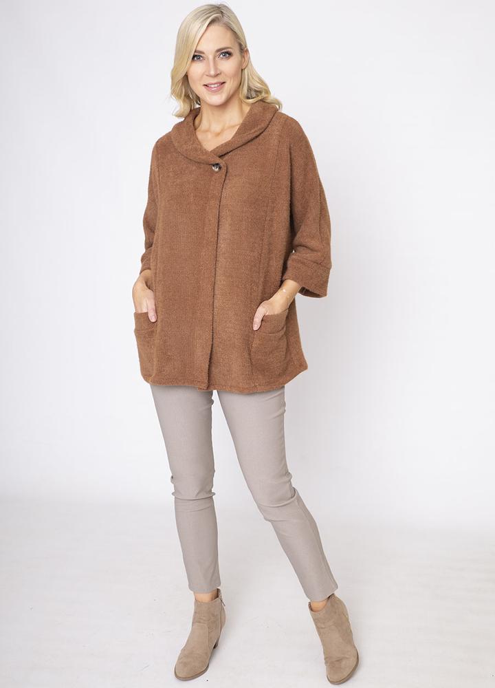 Round Neck 3/4 Sleeve Coat/Cardi in Brown