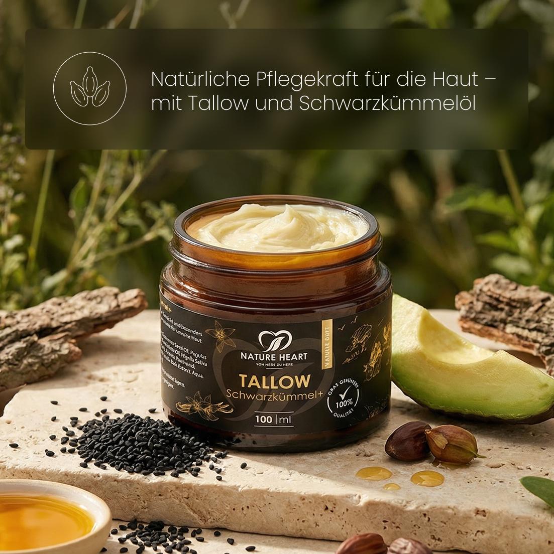 Nature Heart Tallow Schwarzkümmel+ Tiegel mit Rindertalg, Schwarzkümmelöl, Jojobaöl und Panthenol – ohne Mineralöle und Silikone