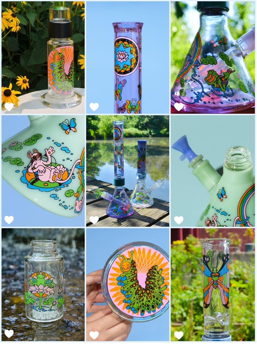 A collage image of nine different pictures of the Prism Pond Life decal collection on glass, in the studio and in nature and water, with small white hearts in the corner of each image