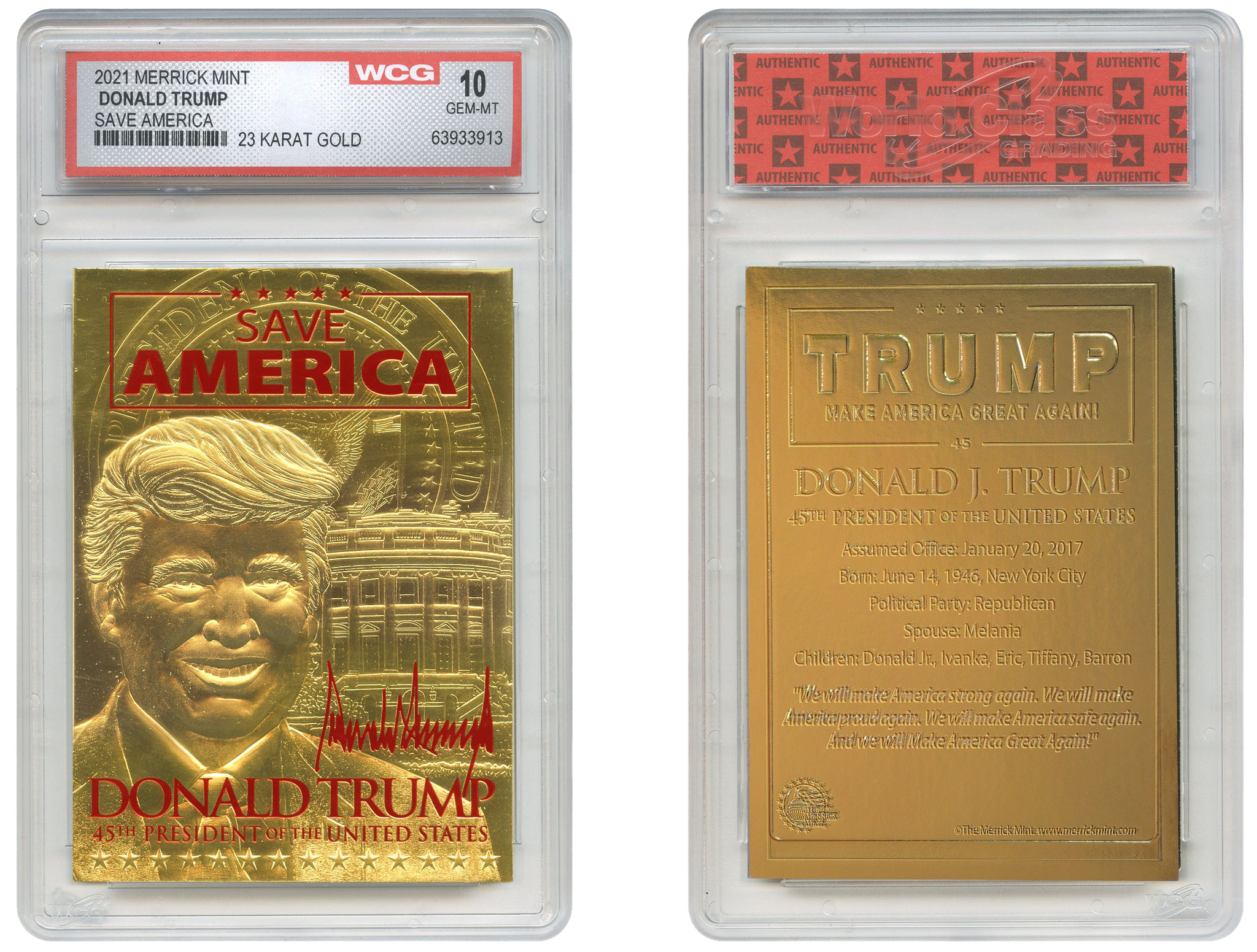 DONALD TRUMP 2021 “SAVE AMERICA”  23K GOLD SIGNATURE Card Graded GEM-MINT 10