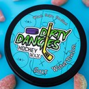 A tin of dirty dangles sour watermelon hockey stick wax on a blue background with sour watermelon candies