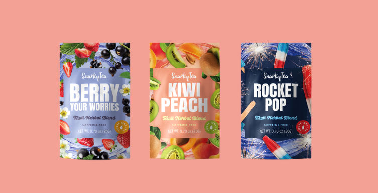 Raspberry Acai, Summer Solstic and Peaches ad Cream herbal tea blends on coral background