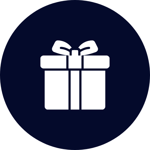 white gift box inside of a dark blue circle