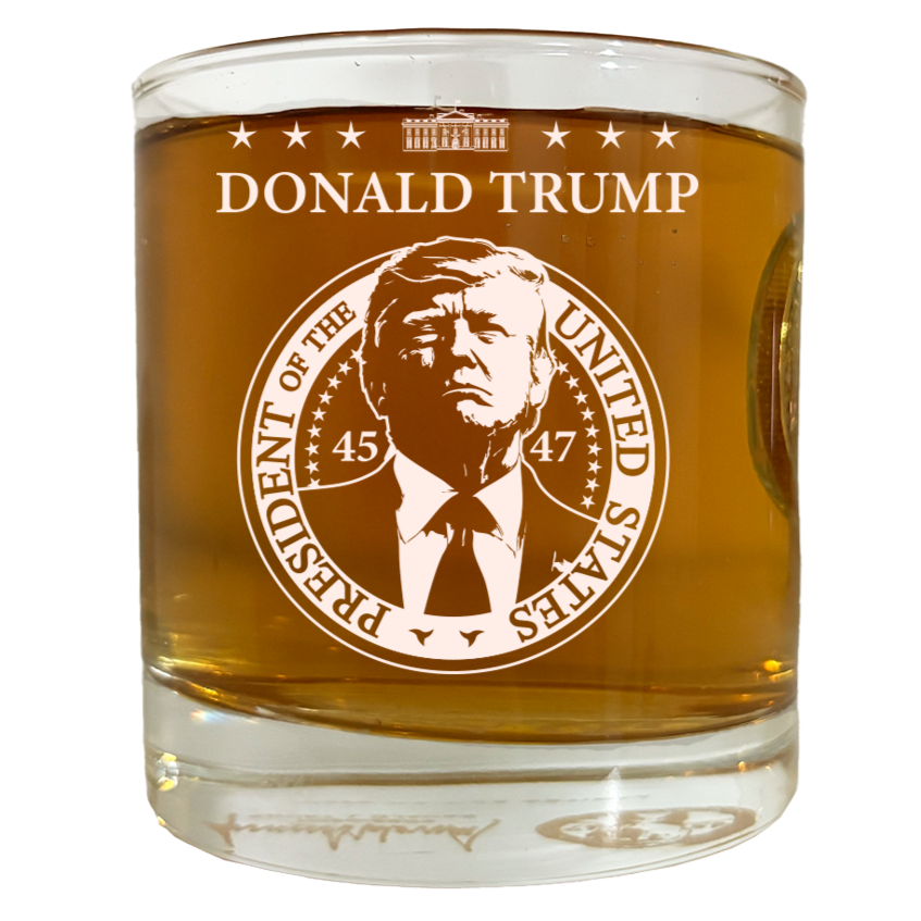 Trump Challenge Coin Whiskey Glass – Etched Edition (Each Individually Numbered)