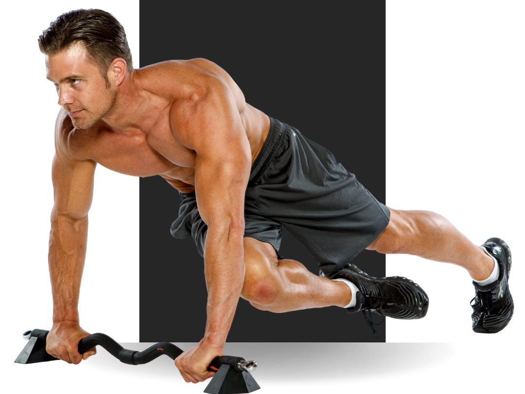 Man using xbar resistance band set up over his shoulder
