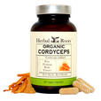 Bottle of Herbal Roots Organic Cordyceps with capsules and powder on a white background