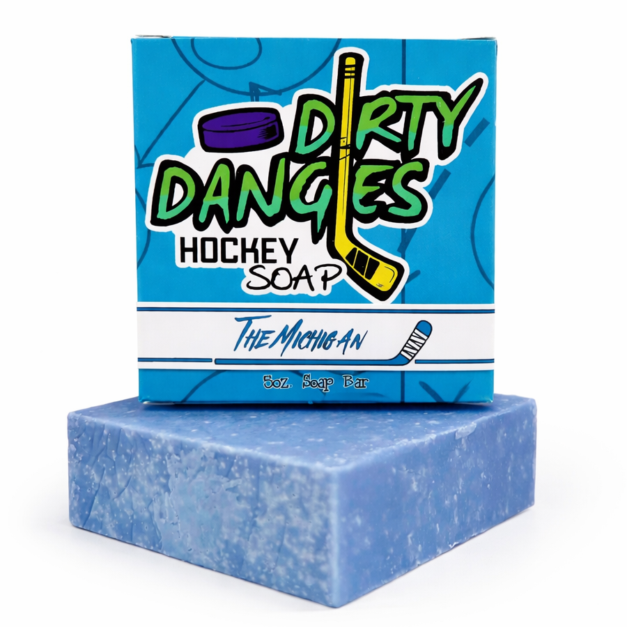 Dirty Dangles the michigan hockey soap bar with product box on a white background.