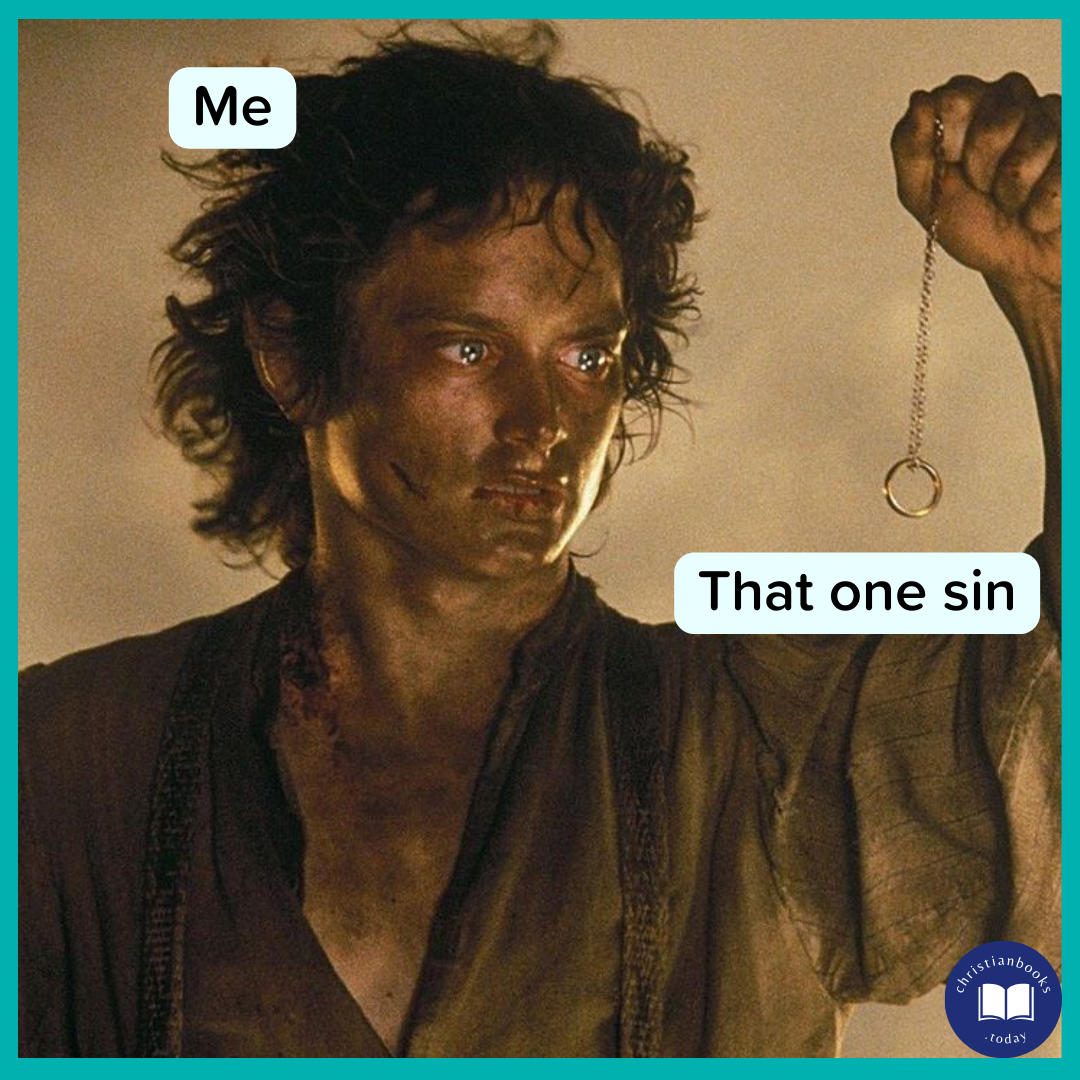 Image of Frodo staring at the One Ring. A label above him says “Me.” A label next to the ring says “That one sin.”