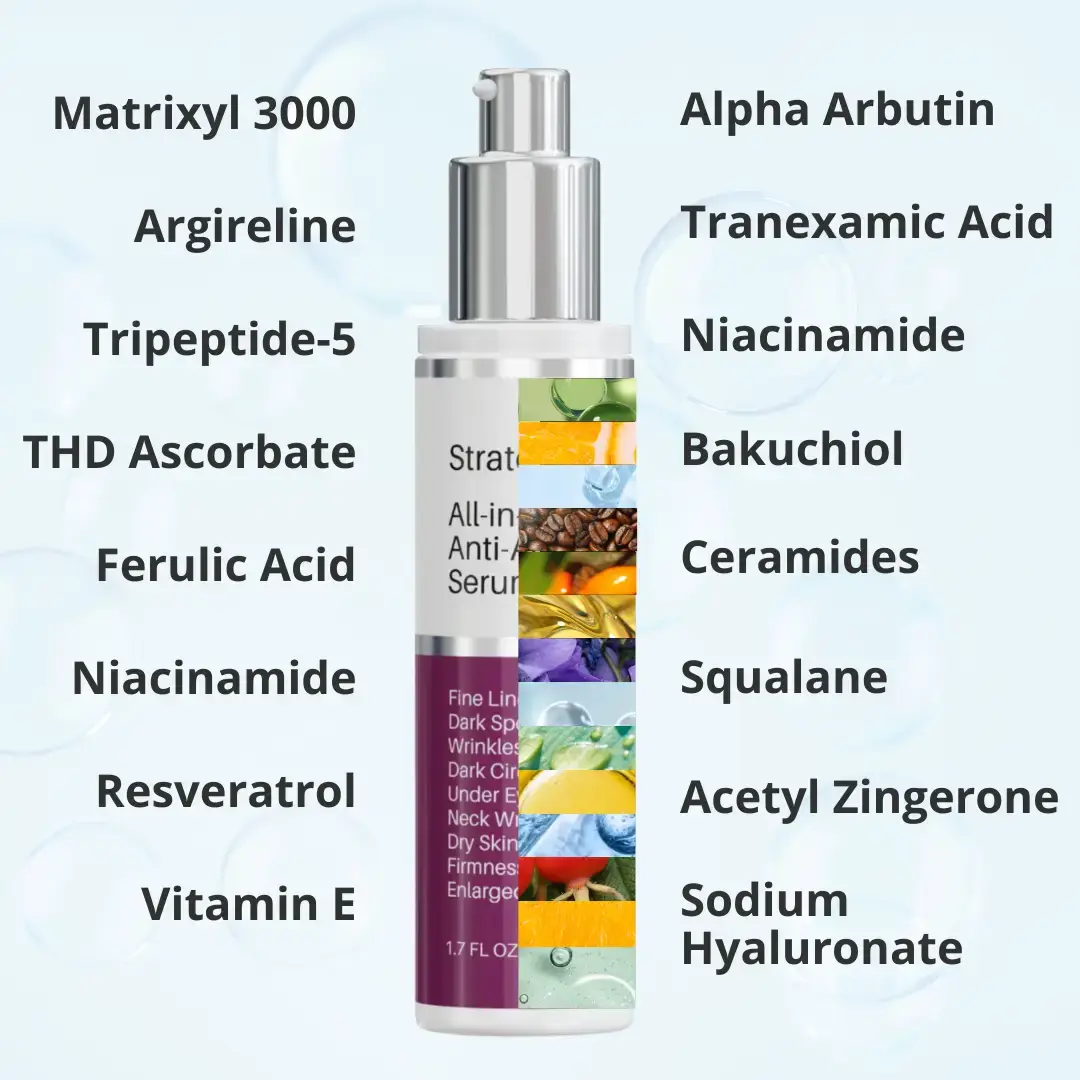 bottle cutaway of strateva for men listing all ingredients.