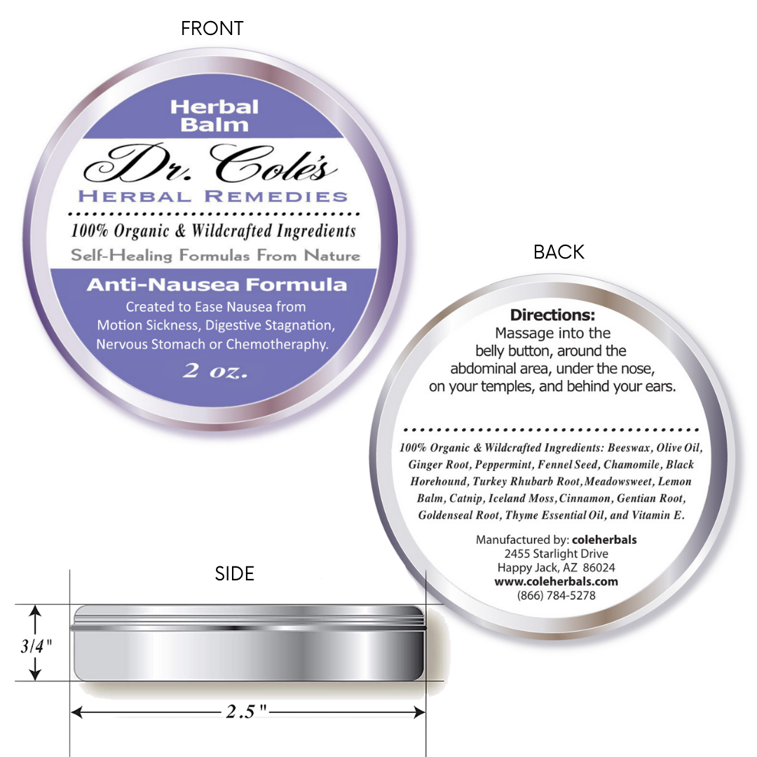 Dr. Cole's Anti-Nausea Balm front, back and side views