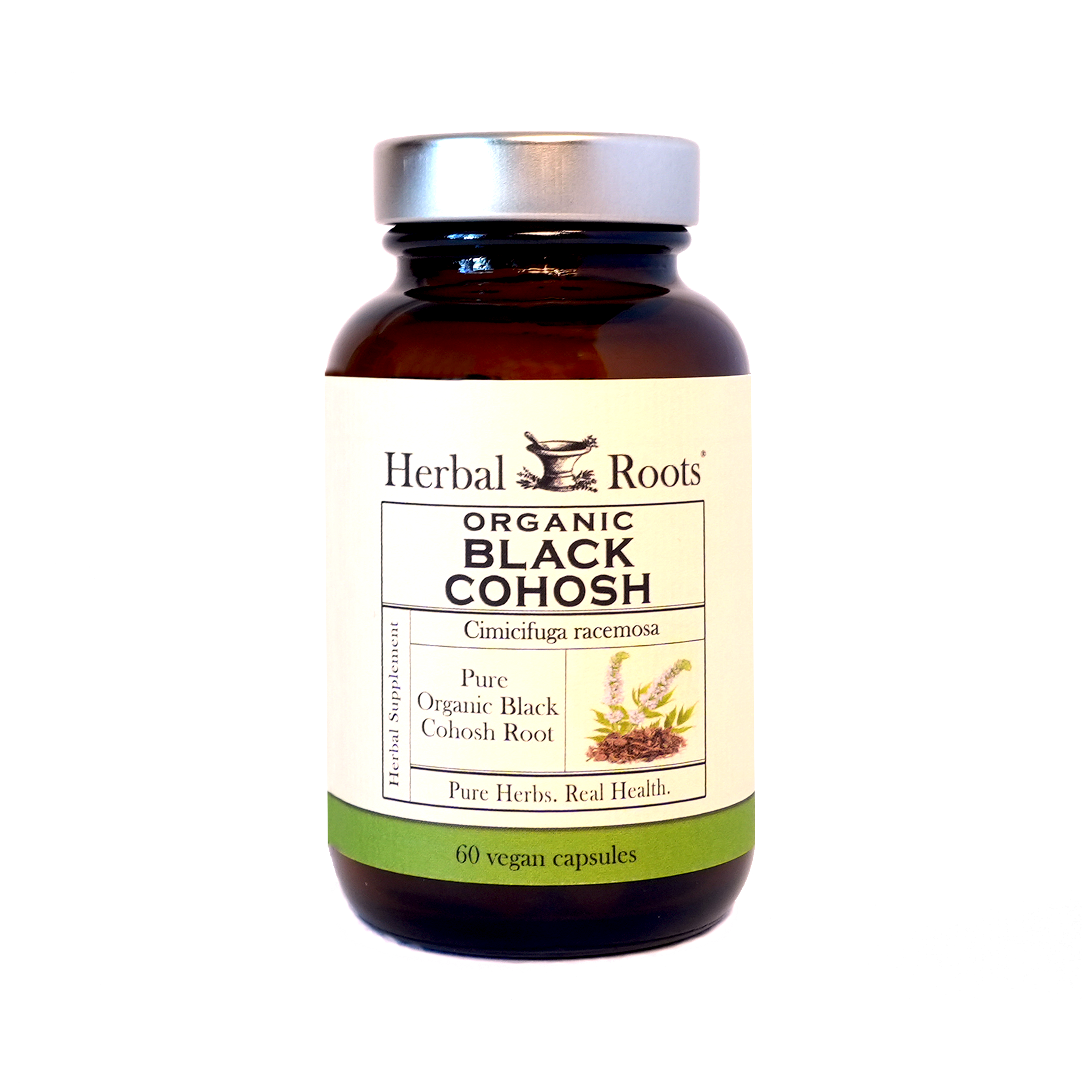Amber Bottle and silver lid with matching white and green label. Black and white Herbal Roots logo with illustration of a mortar and pestle with herbs on top and sides. The text says, "Organic Black Cohosh.” The fronts of the labels say, "Cimicifuga racemose, pure organic black cohosh root. Pure Herbs. Real Health. Herbal Supplement and 60 Vegan Capsules." An image of Green plants and brown black cohosh root is on the bottle.