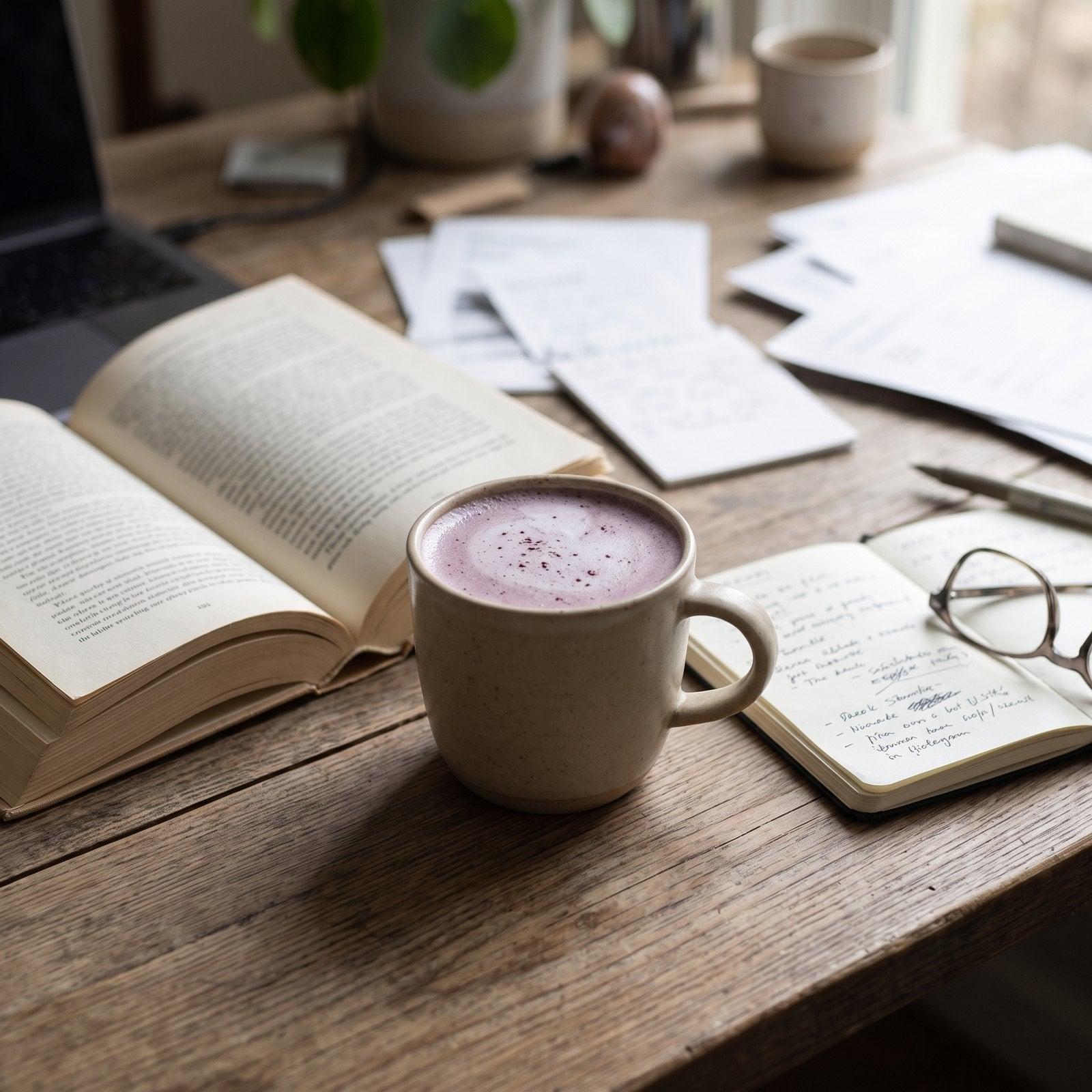 Lavender purple cacao latte on a desk beside an open book and handwritten notes