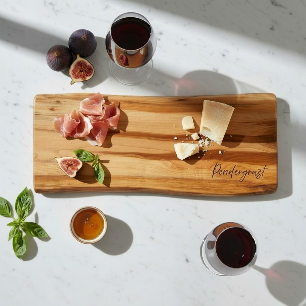 Personalized live edge maple charcuterie board with natural edge and custom engraving