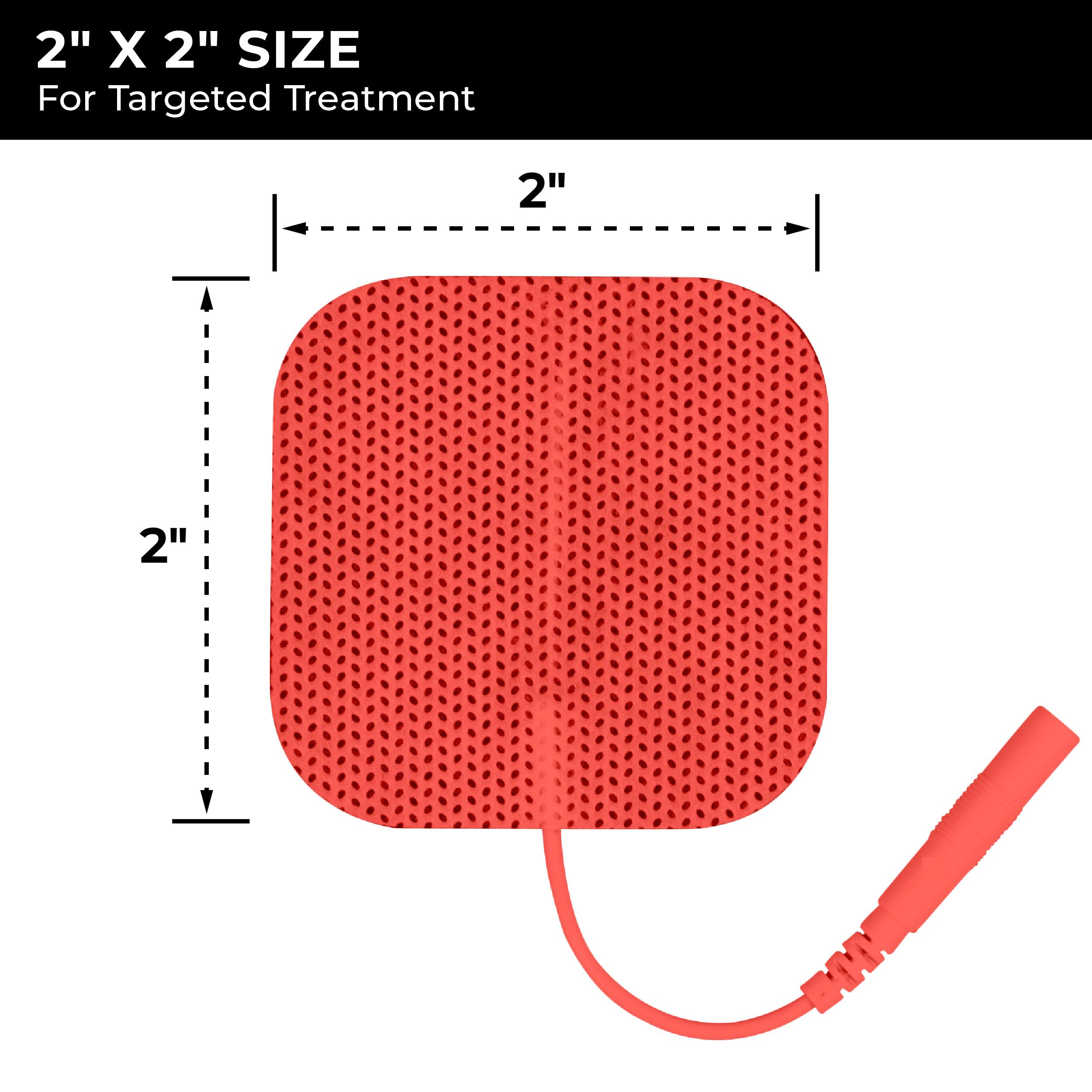 Close-up image showing the 2" x 2" size of a square TENS unit electrode pad with measurement markers. Highlights the precise dimensions of this replacement electrode for targeted TENS therapy.