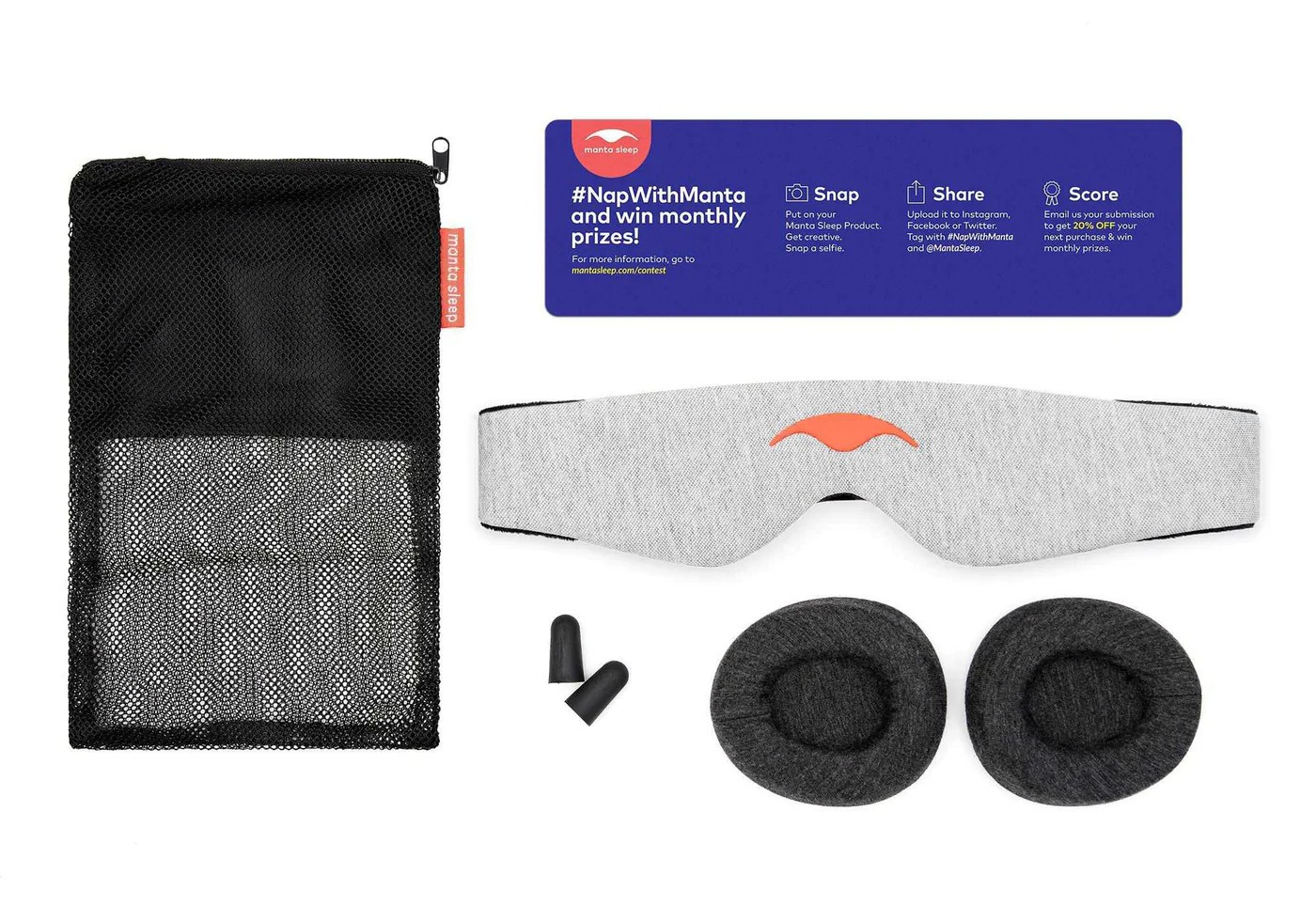 A black mesh laundry case, a gray head strap, dark gray eye cups, a set of foam ear plugs and an instruction manual for a sleep mask from Manta Sleep.