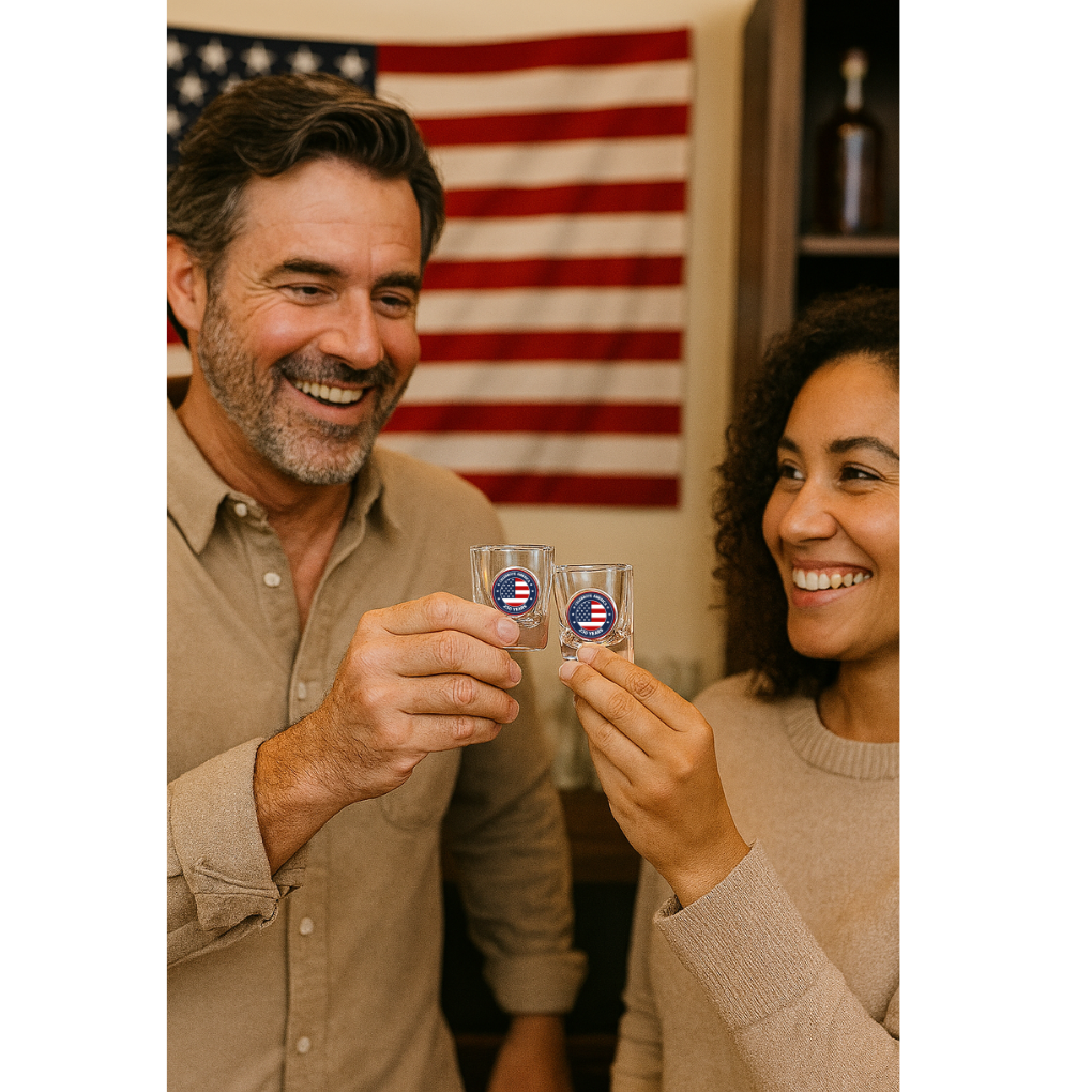 Couple Raising a toast with Celebrate America 250 Shot Glass
