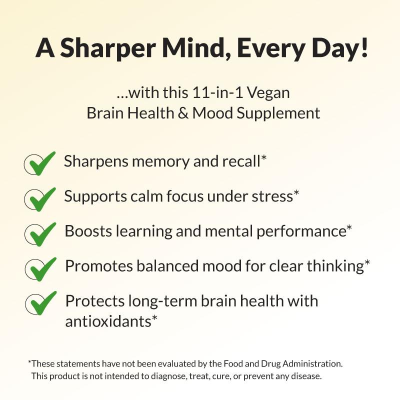 Text graphic titled “A Sharper Mind, Every Day!” listing benefits of an 11-in-1 vegan brain health and mood supplement: sharpens memory and recall, supports calm focus under stress, boosts learning and performance, promotes balanced mood, and protects brain health with antioxidants. Fine print notes the statements are not evaluated by the FDA.