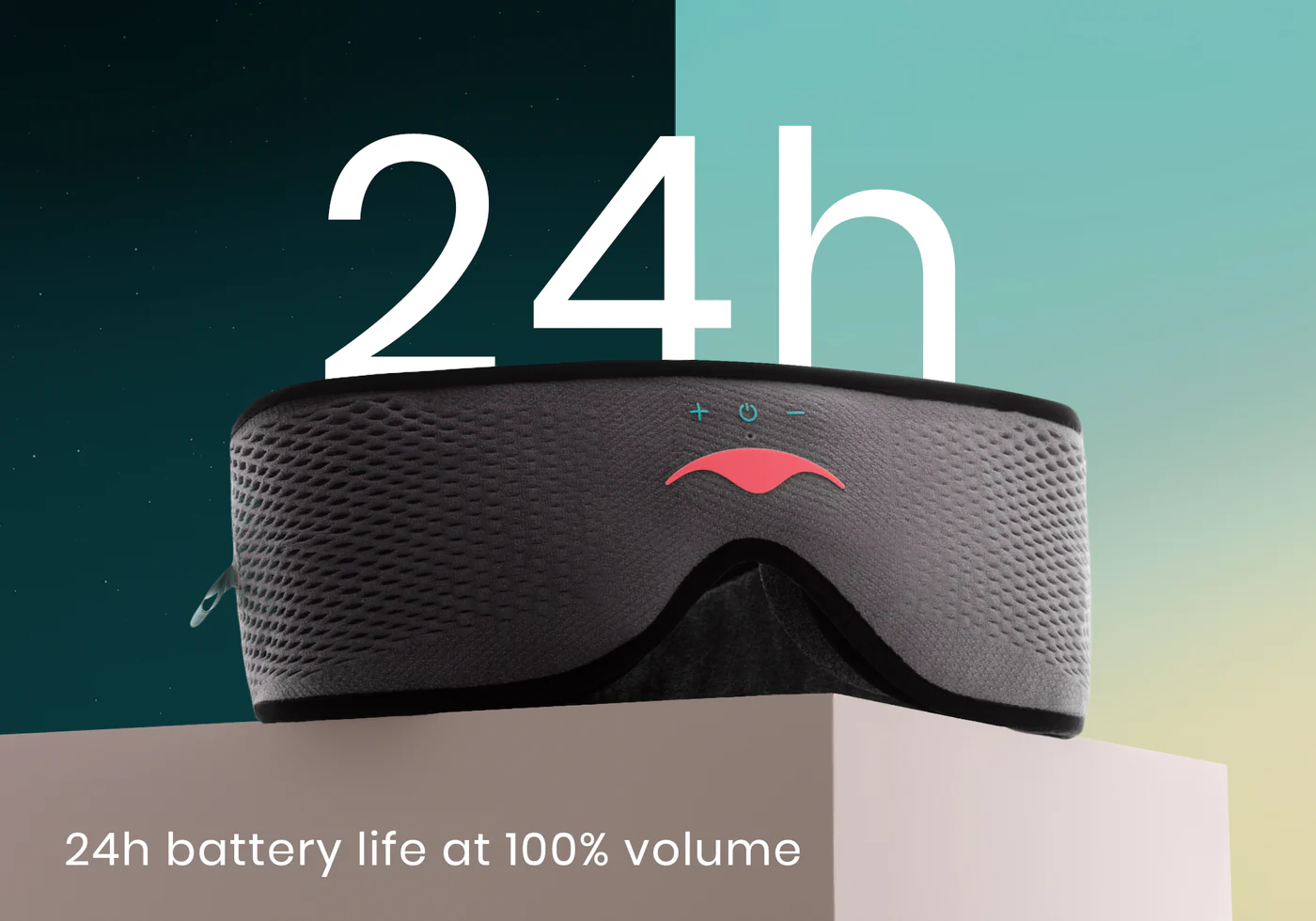 A gray mesh sleep mask with headphones. The text reads 24h battery life at 100% volume.
