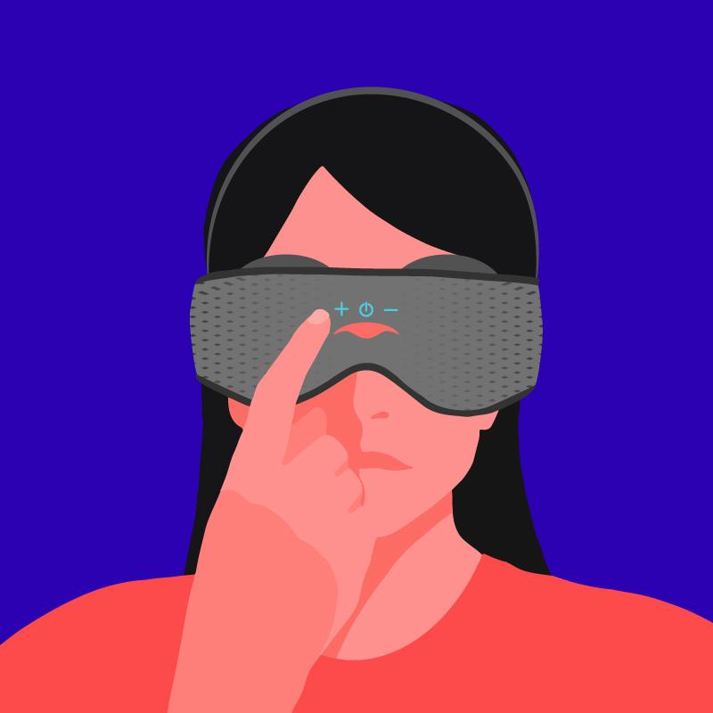 A person wearing a Bluetooth® sleep mask with a top strap. Her finger is pressing the volume up button.
