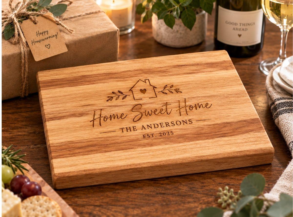 Personalized 1-inch-thick maple cutting board engraved with Home Sweet Home, and The Andersons, Est. 2025, displayed as a housewarming gift beside wrapped presents, greenery, a candle, wine, and a cozy table setting.