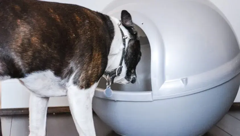 A dog stands beside a large cat litter box , curiously looking into a cat litter box nearby.