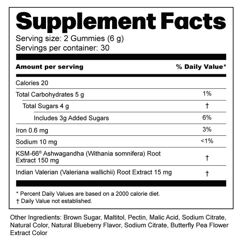 Supplement facts label showing serving size, calories, sugars, and herbal ingredients like ashwagandha and valerian.
