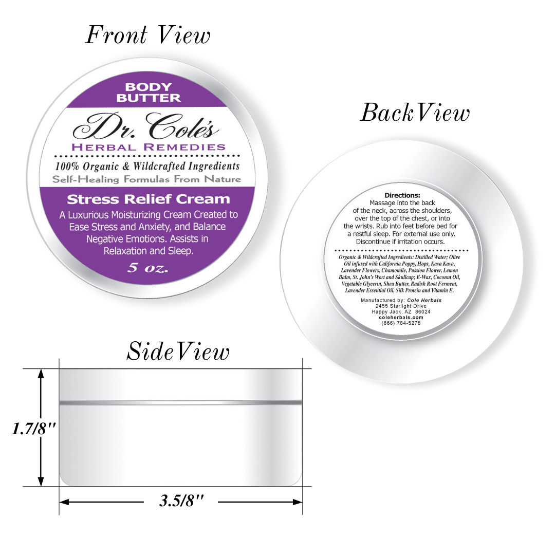 Dr. Coles Stress Cream front, back and side views.