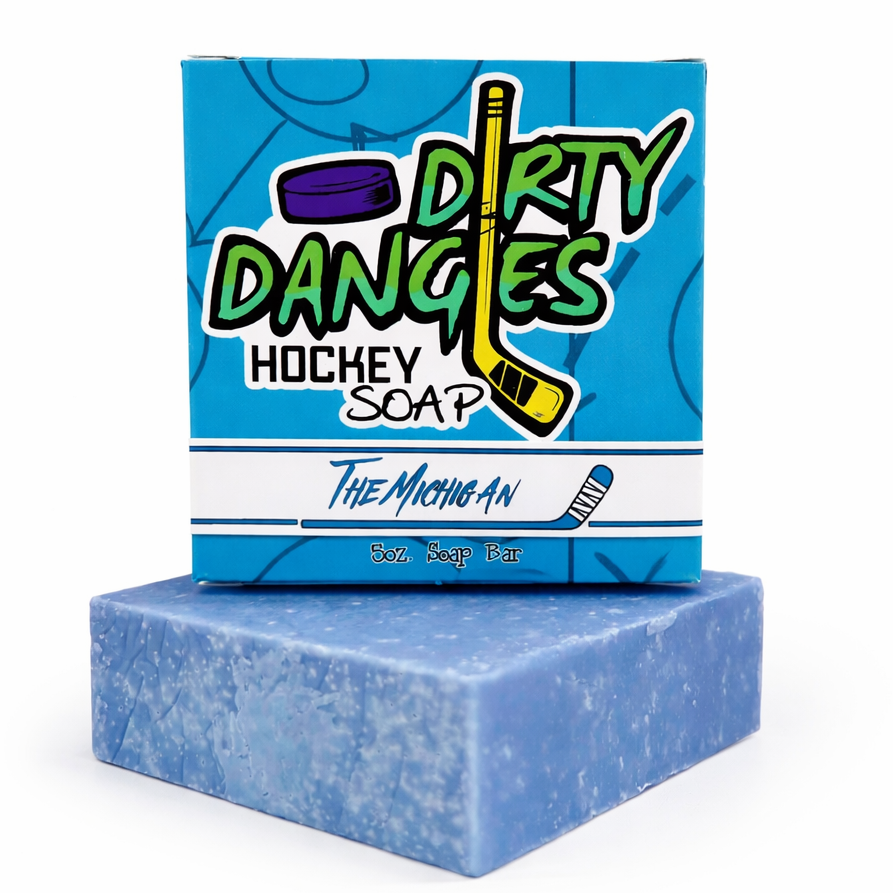 Dirty Dangles the michigan hockey soap bar with product box on a white background.