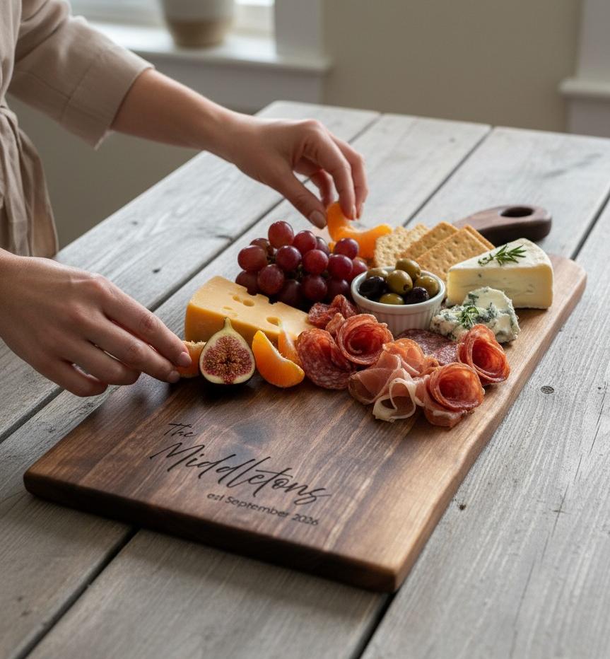 Personalized live edge walnut charcuterie board with custom engraved family name