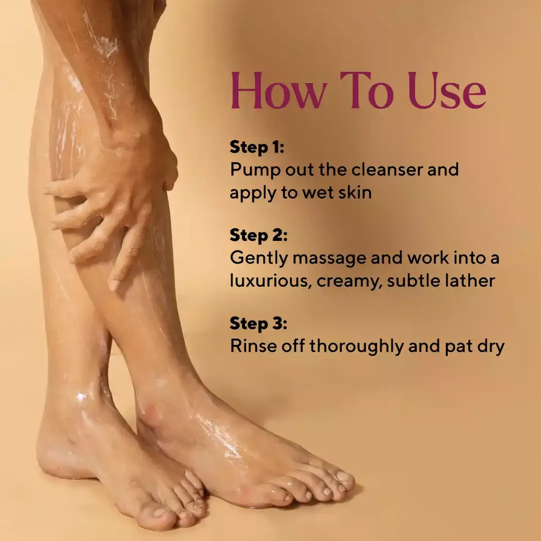 1. Woman applying cleanser on her legs with 3 steps shown.