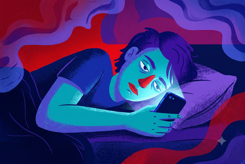 Person lying in bed at night scrolling their phone — editorial illustration for an article on what is revenge bedtime procrastination.