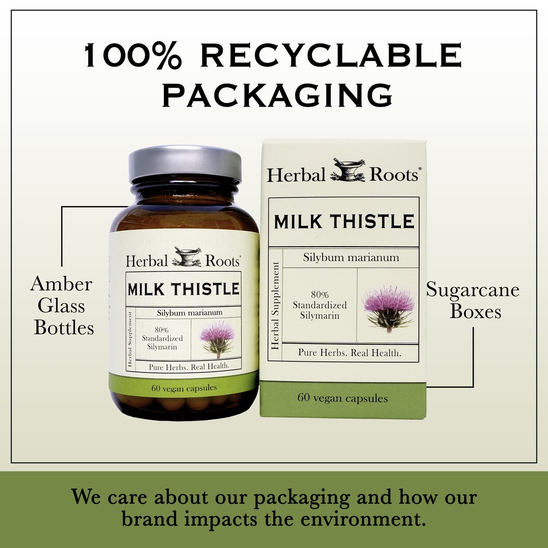 Bottle and box of Herbal Roots Milk Thistle next to each other. Under the bottle and box says We care about our packaging and how our brand impacts the environment. There is a line coming from the left of the bottle that says Amber glass bottles. There is a line coming from the left of the box that says sugarcane boxes.