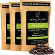 Three 12oz bags of Lone Wolf Coffee’s Mexipure Medium Roast Whole Bean coffee bag product photo
