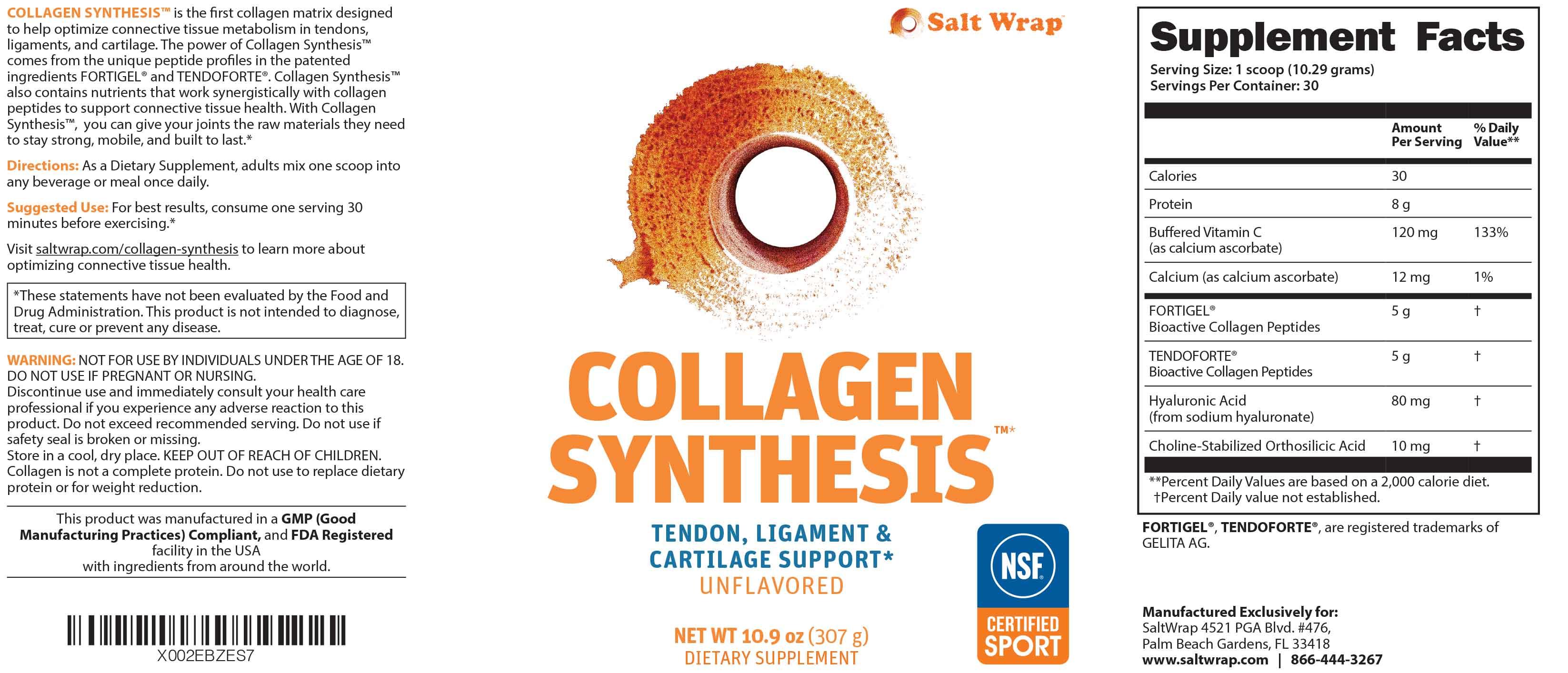 Full label and ingredient information for Collagen Synthesis by SaltWrap.