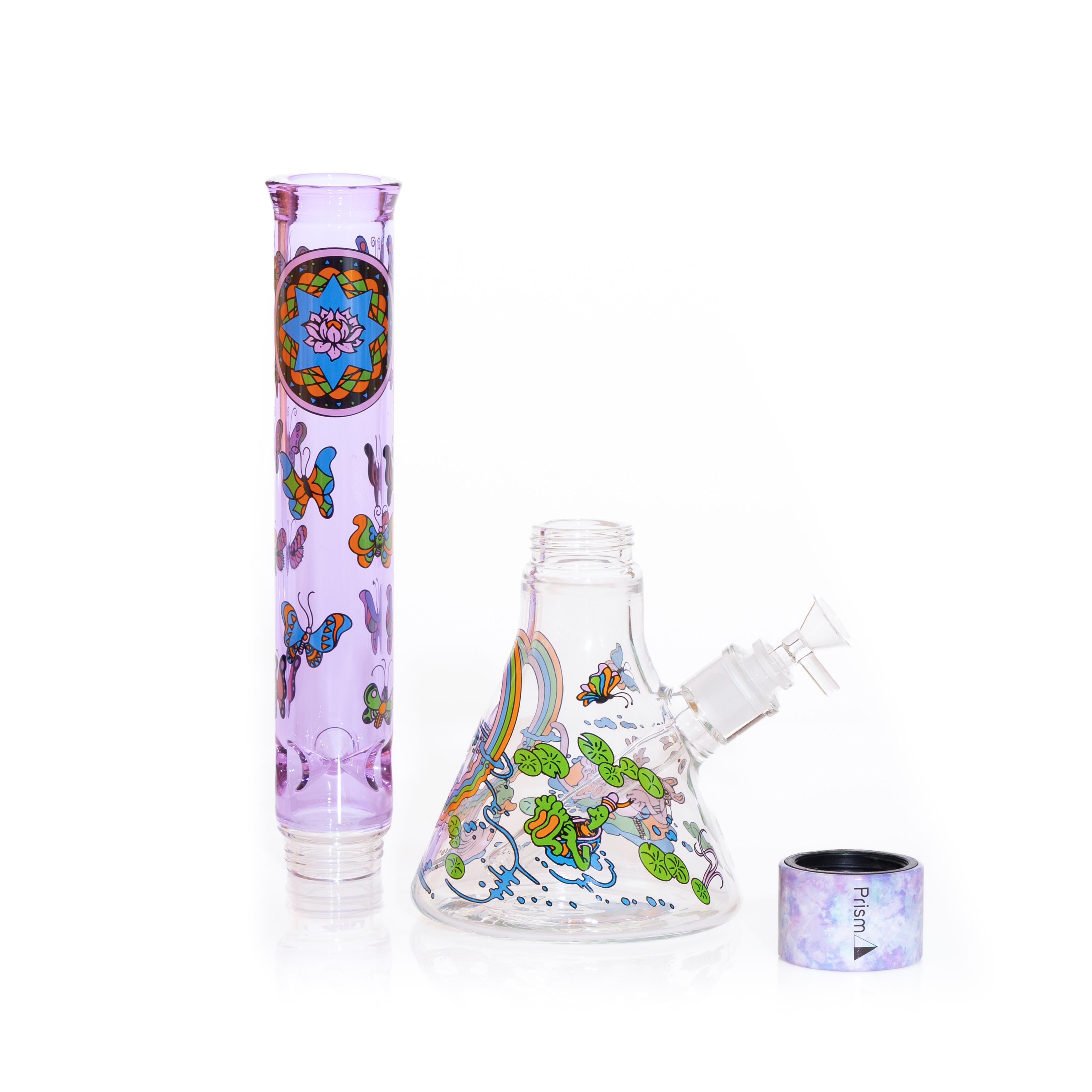 An image of a disassembled Prism Popular bong setup with the New Pond Life decal