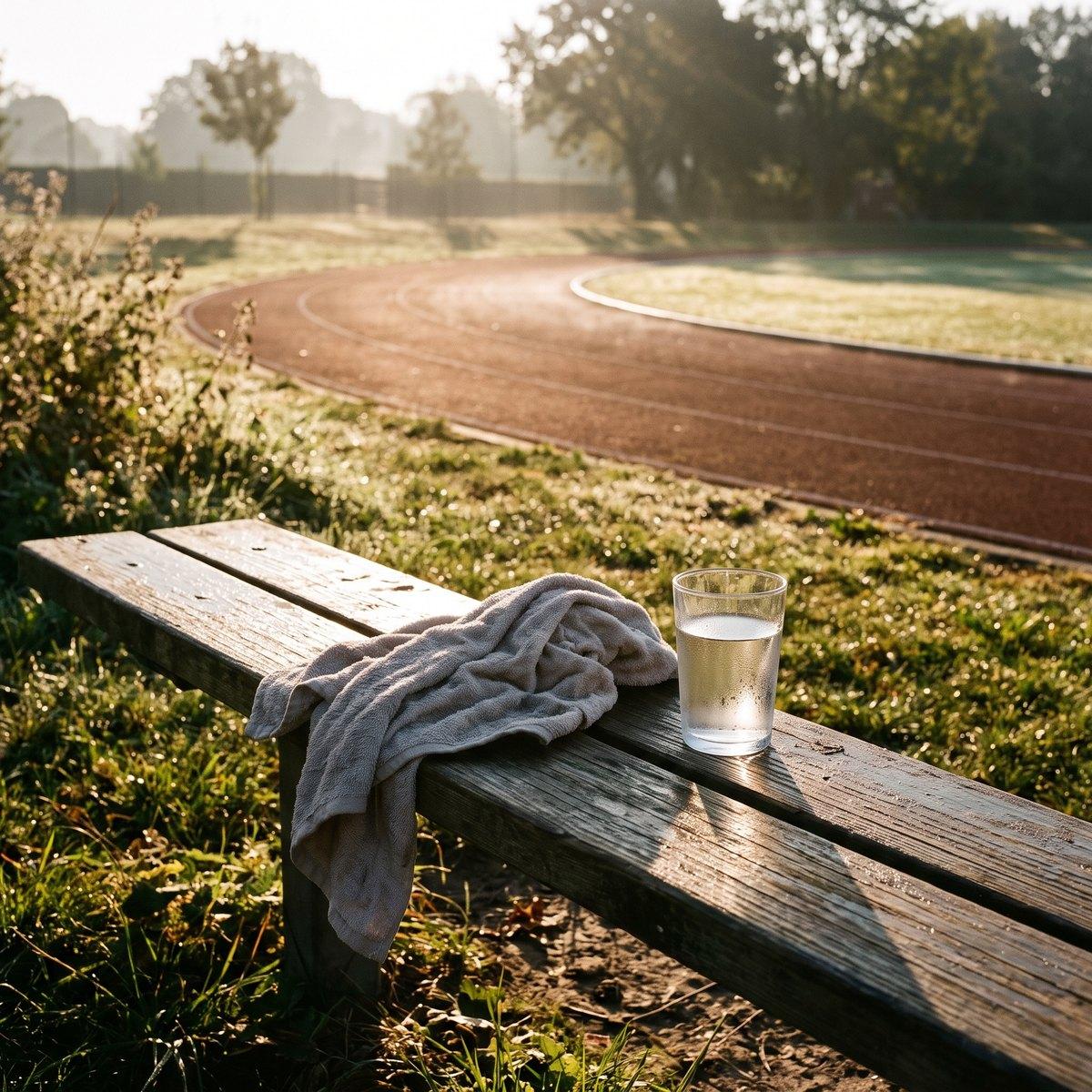 Towel and a glass of water on a bench beside a running track at sunrise