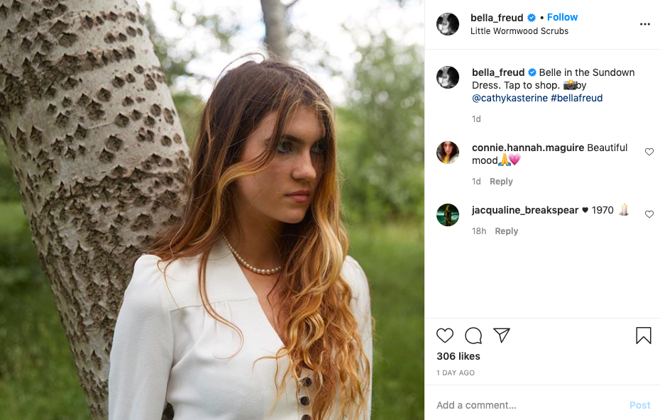 Instagram post of a woman wearing pearls