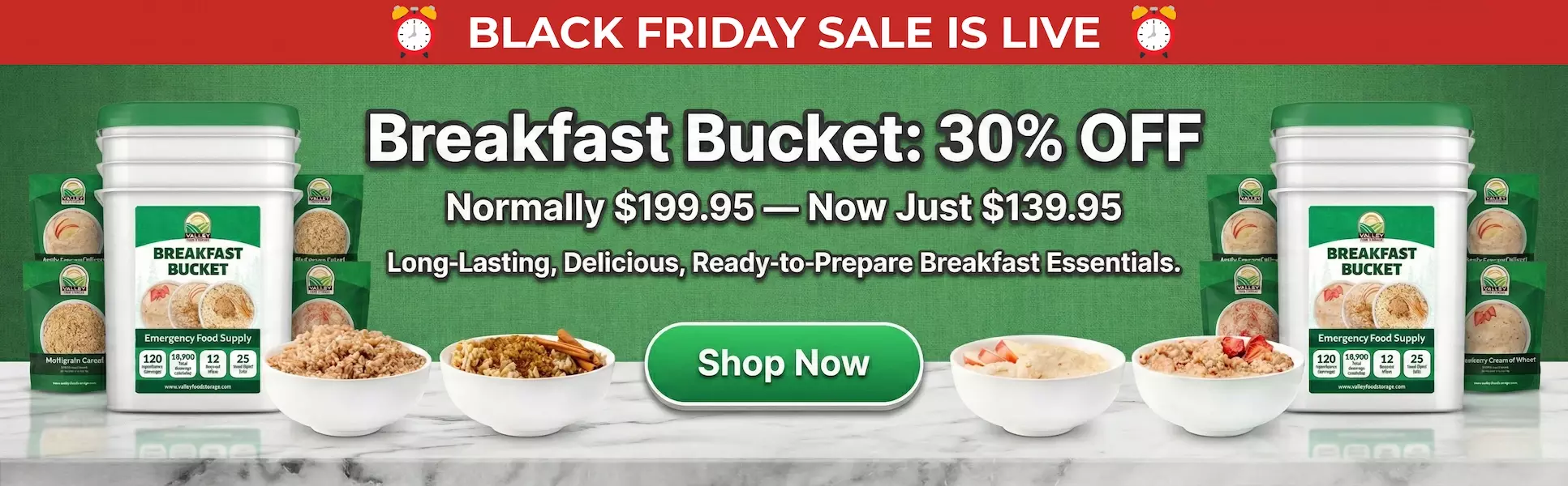 Valley Food Storage Breakfast Bucket with prepared freeze-dried breakfast meals displayed in a Black Friday promotion banner.