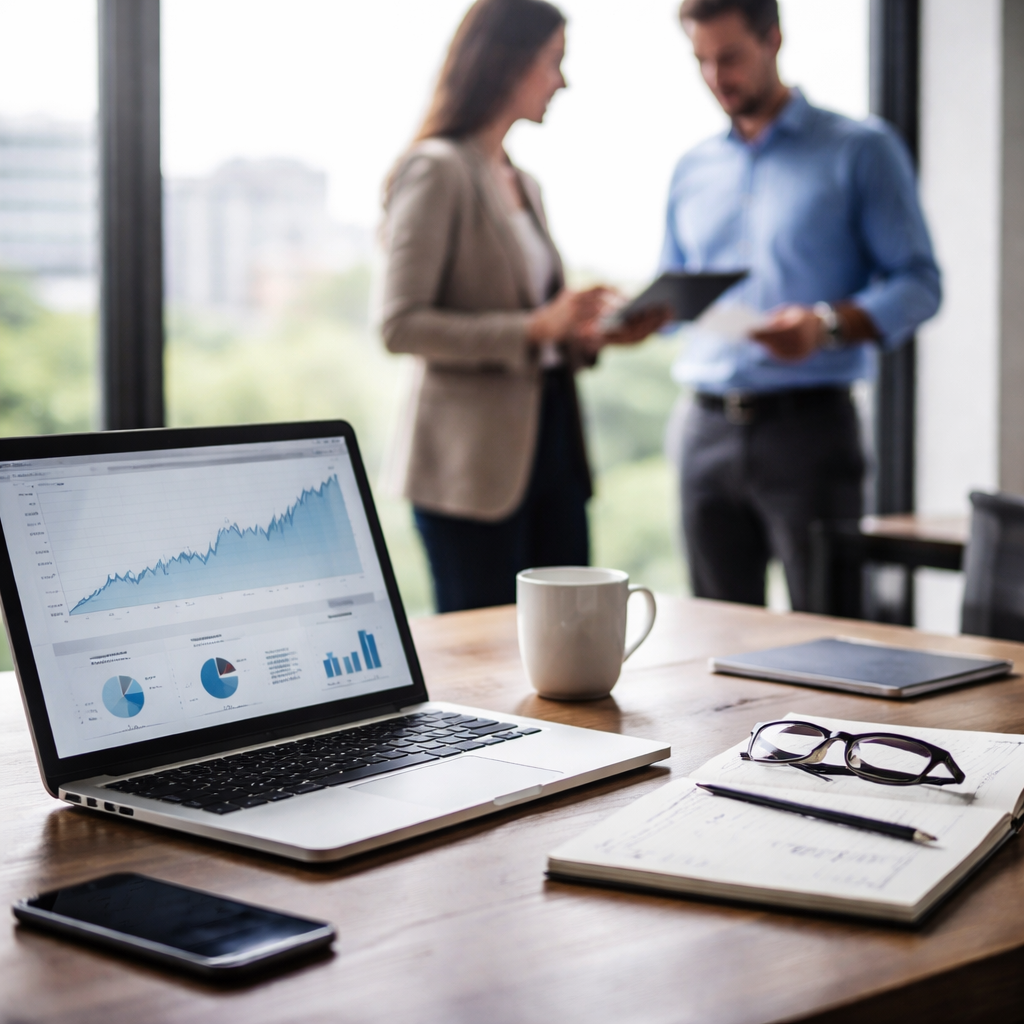 Professionals reviewing business data and notes at a desk in a modern office, representing strategic analysis and clear decision-making.
