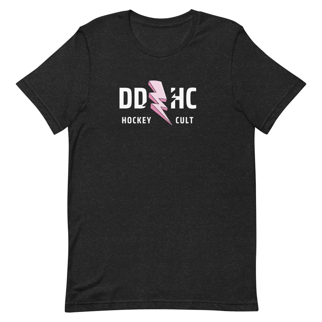 a pink lightning bolt on a black t shirt. DDHC Hockey Cult