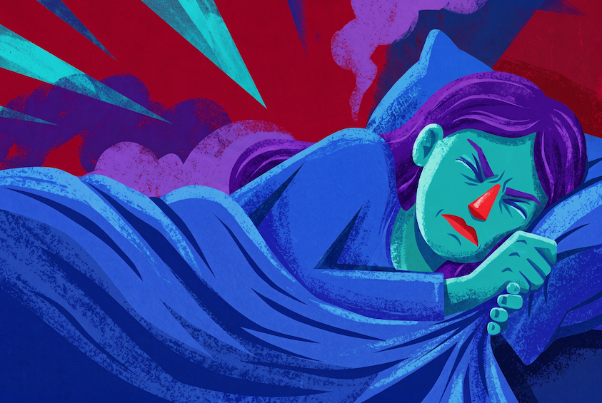 Woman gripping her blanket, eyes squeezed shut as light and sound close in — how to sleep with sensory overload.