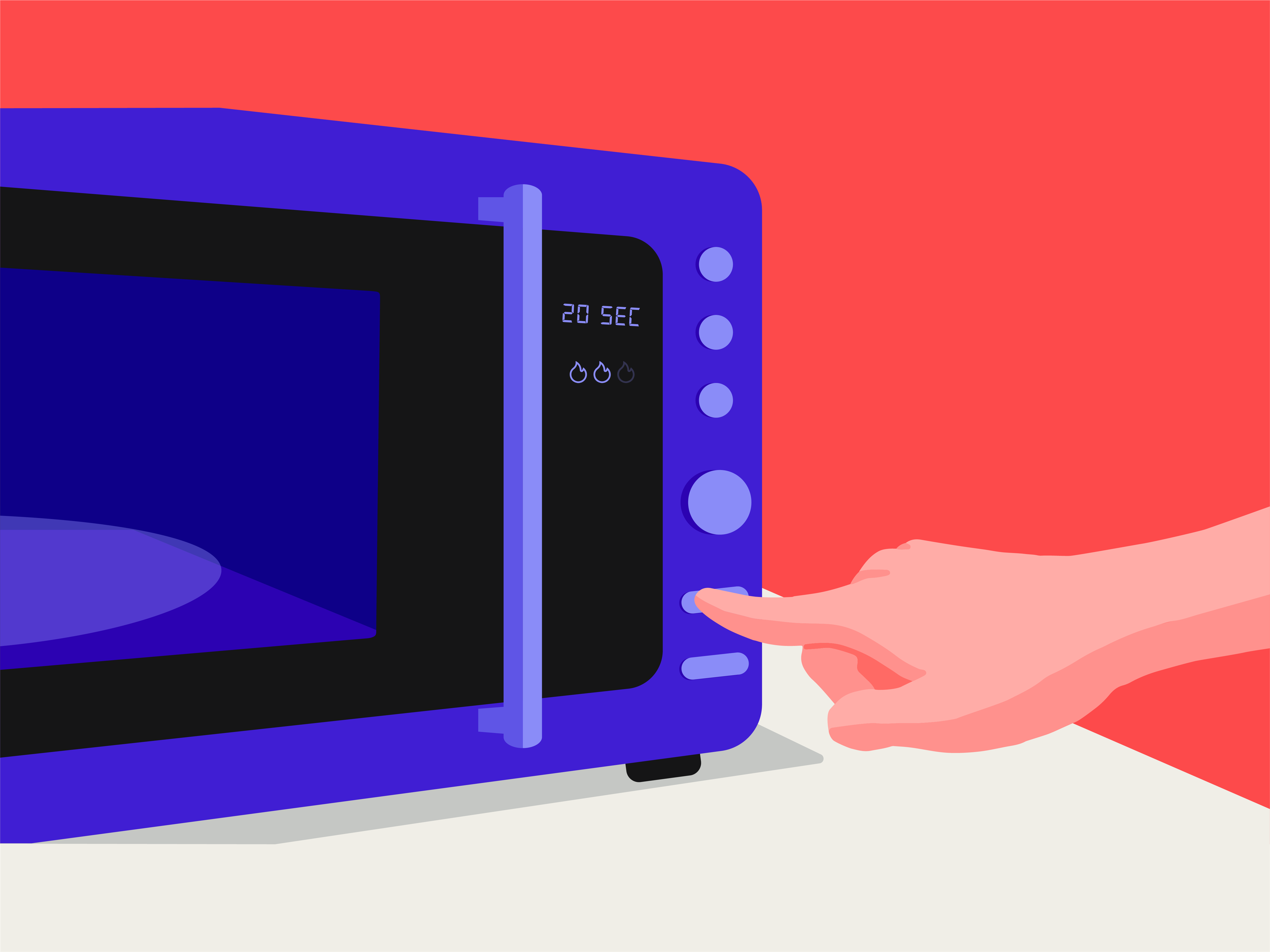 A finger pressing on the power button of a microwave with the timer indicating 20 seconds.