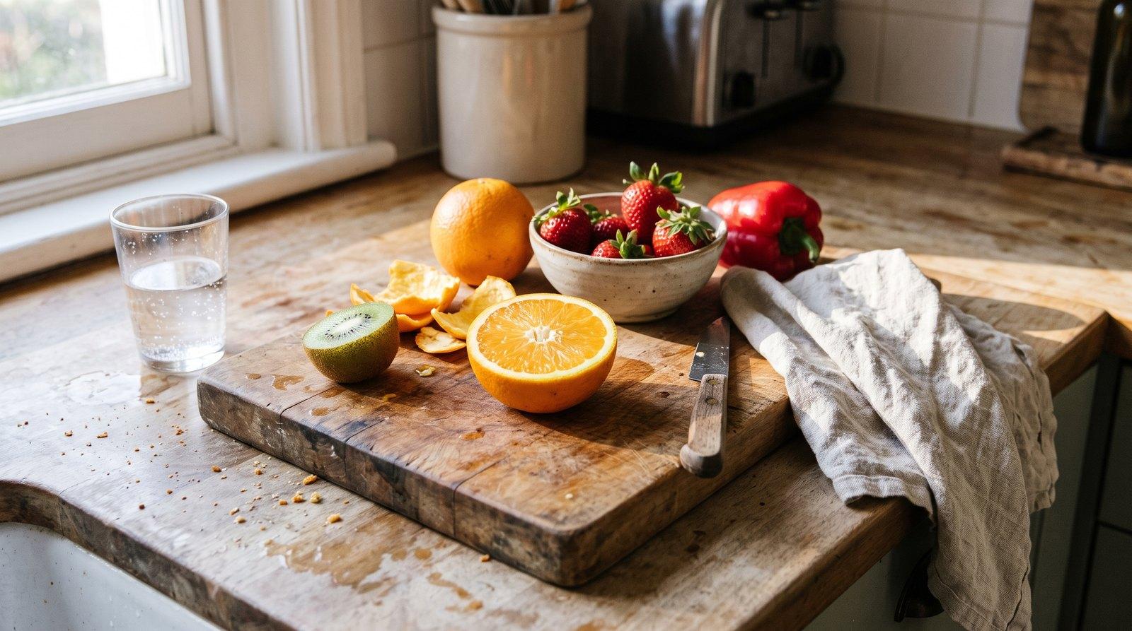 Kitchen cutting board with halved oranges, kiwi, strawberries and a red bell pepper