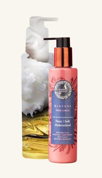 Blava body lotion with its 5 plumping moisturizers, 2 Natural body oils and 1 luxurious butter.