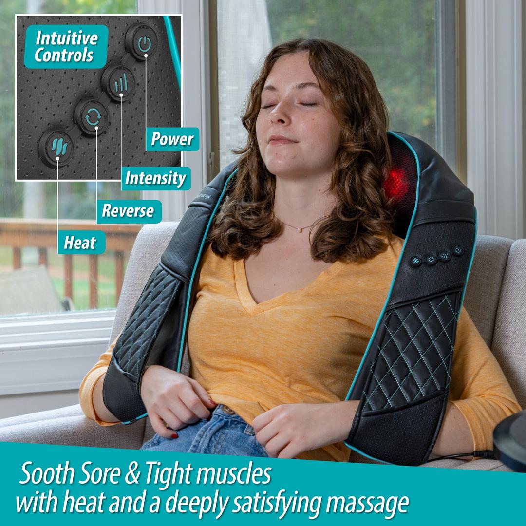 Shiatsu Neck & Back Massager with Heated Deep Kneading Massage Ball Rollers  -NEW