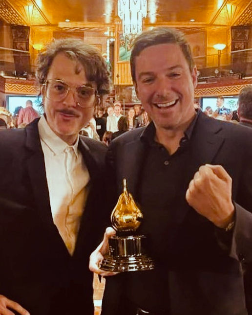 Joseph Quartana winning the Art & Olfaction Award with Luca Maffei