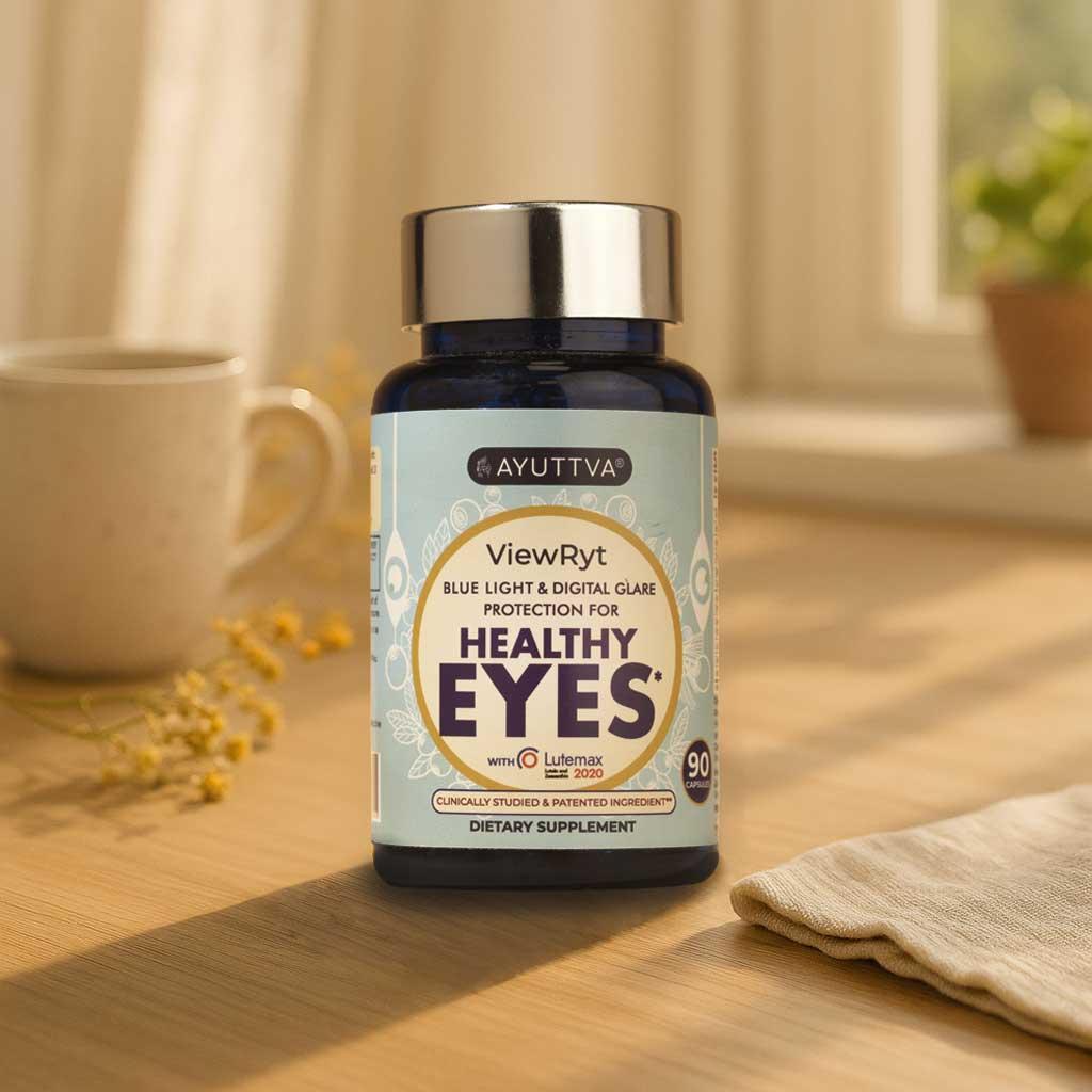 A bottle of Viewryt supplement for healthy eyes containing 90 capsules